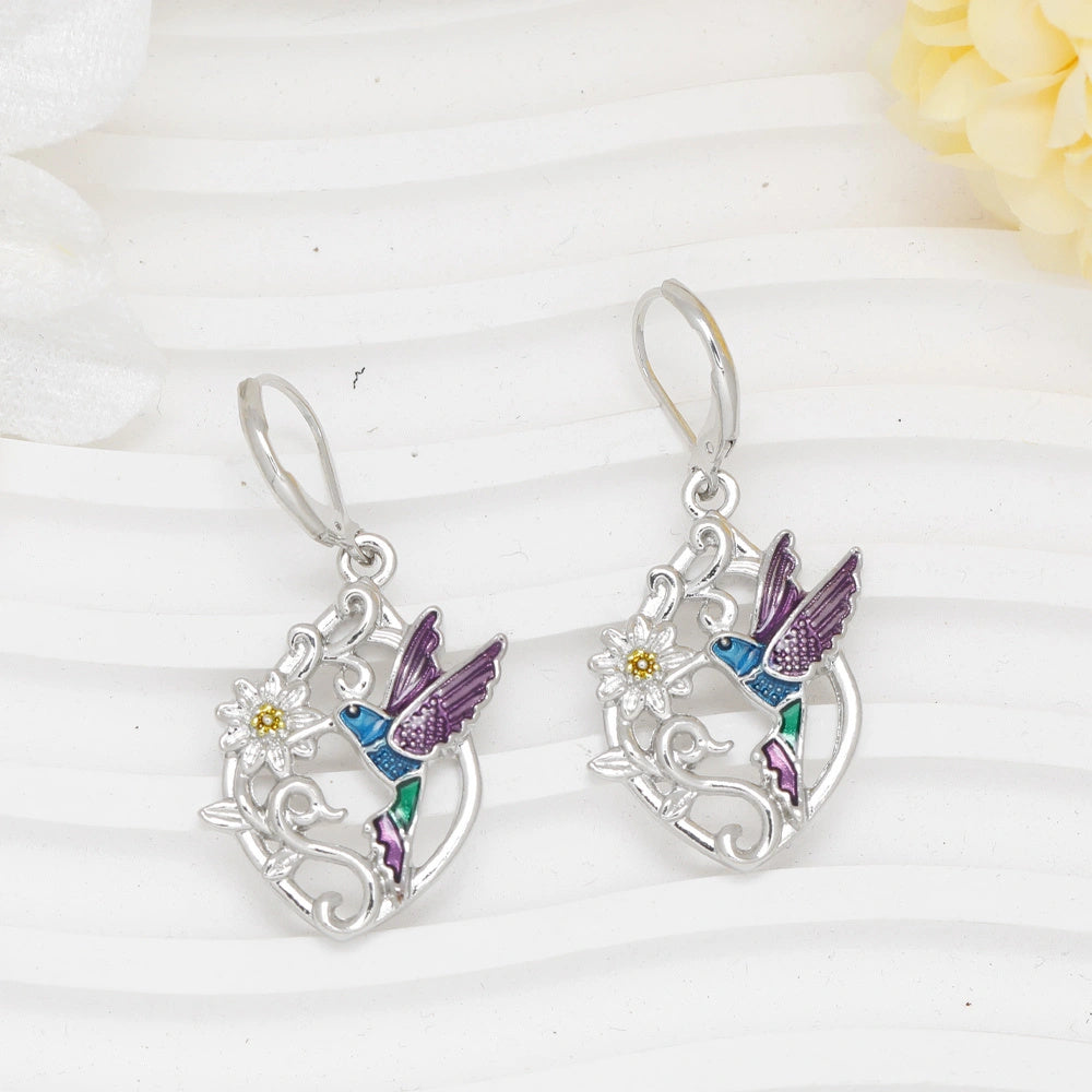 Elegant Bird and Daisy Rhombus Earrings - Exquisite Fashion Jewelry with Purple Gemstones - Perfect Birthday and Christmas Gift for Family and Friends