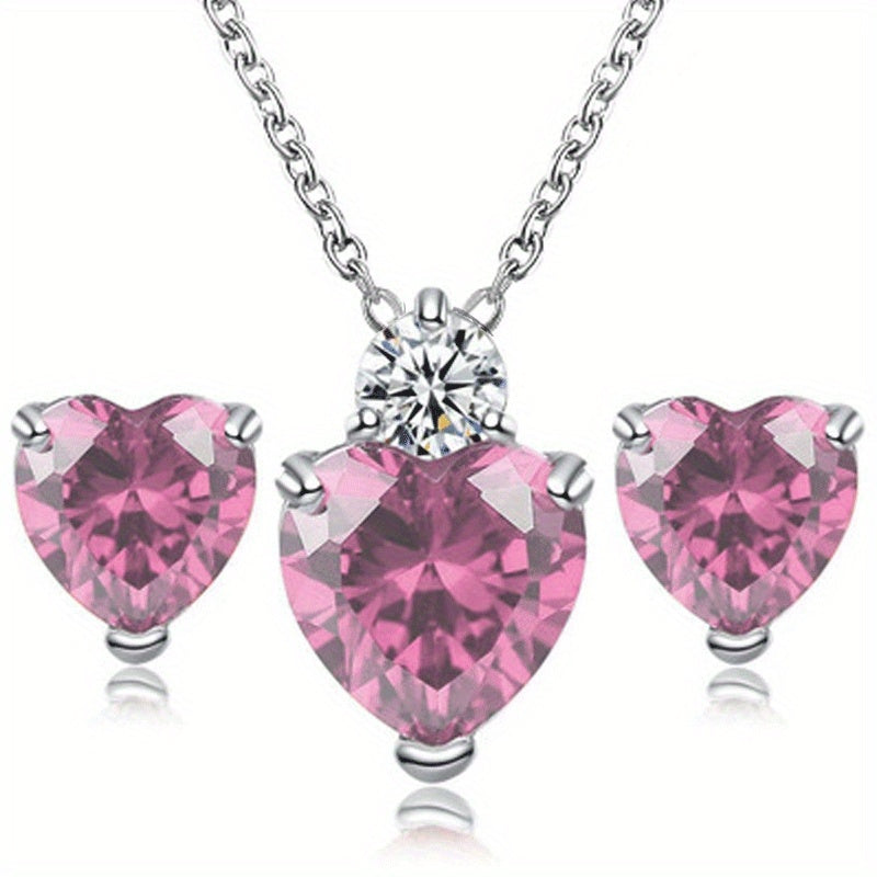 3pcs Sparkling Zirconia Heart Stud Earrings And Necklace Set For Teen Girls, Birthday Gift