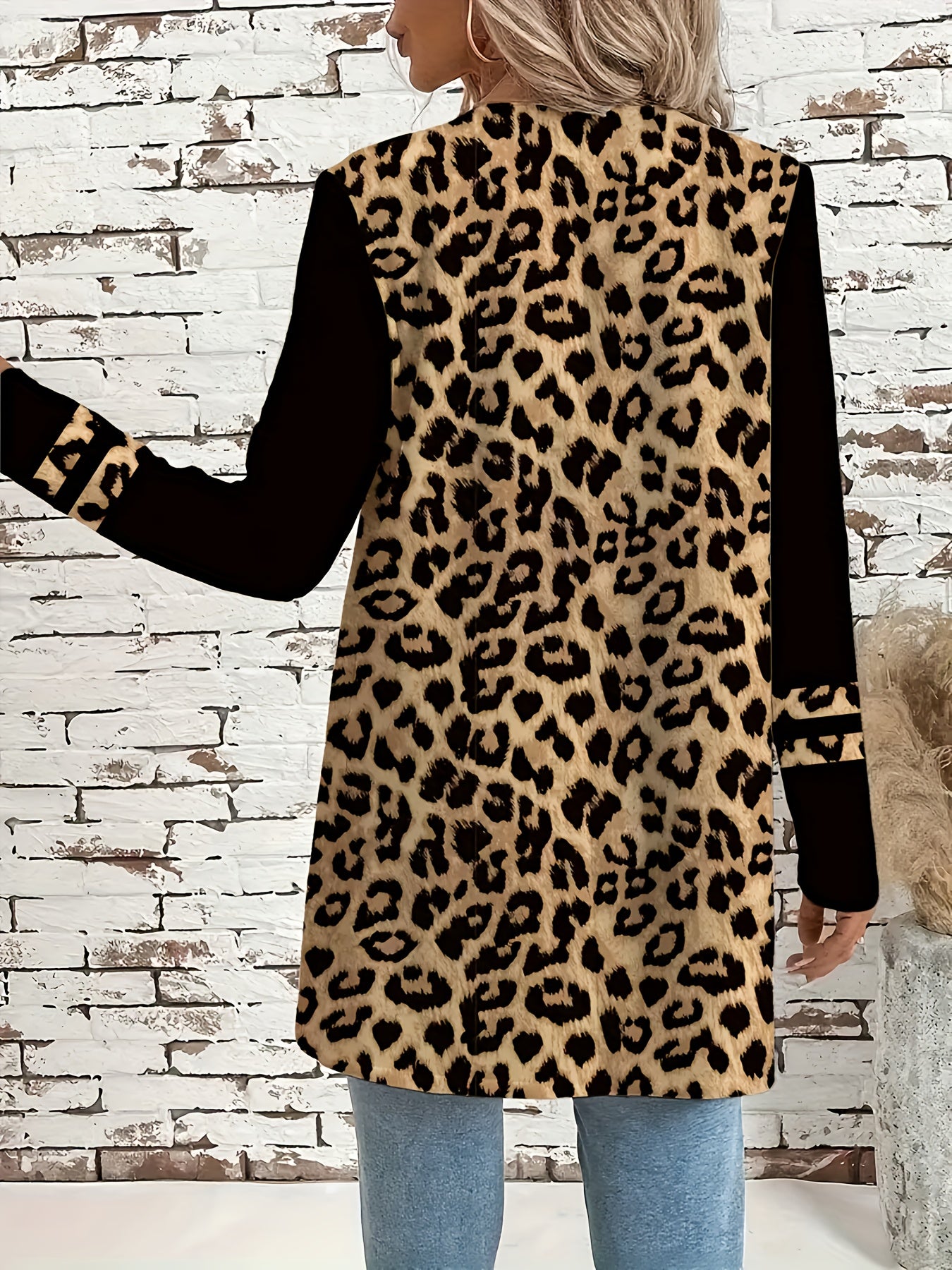 Plus Size, Women's Elegant Oversized Leopard Print Jacket - All-Season Black & Brown Animal Print Coat with Golden-Tone Hardware, Round Neck Winter Outerwear, Plus Size Casual to Formal Outer Jacket (Hand Washable) - Stylish