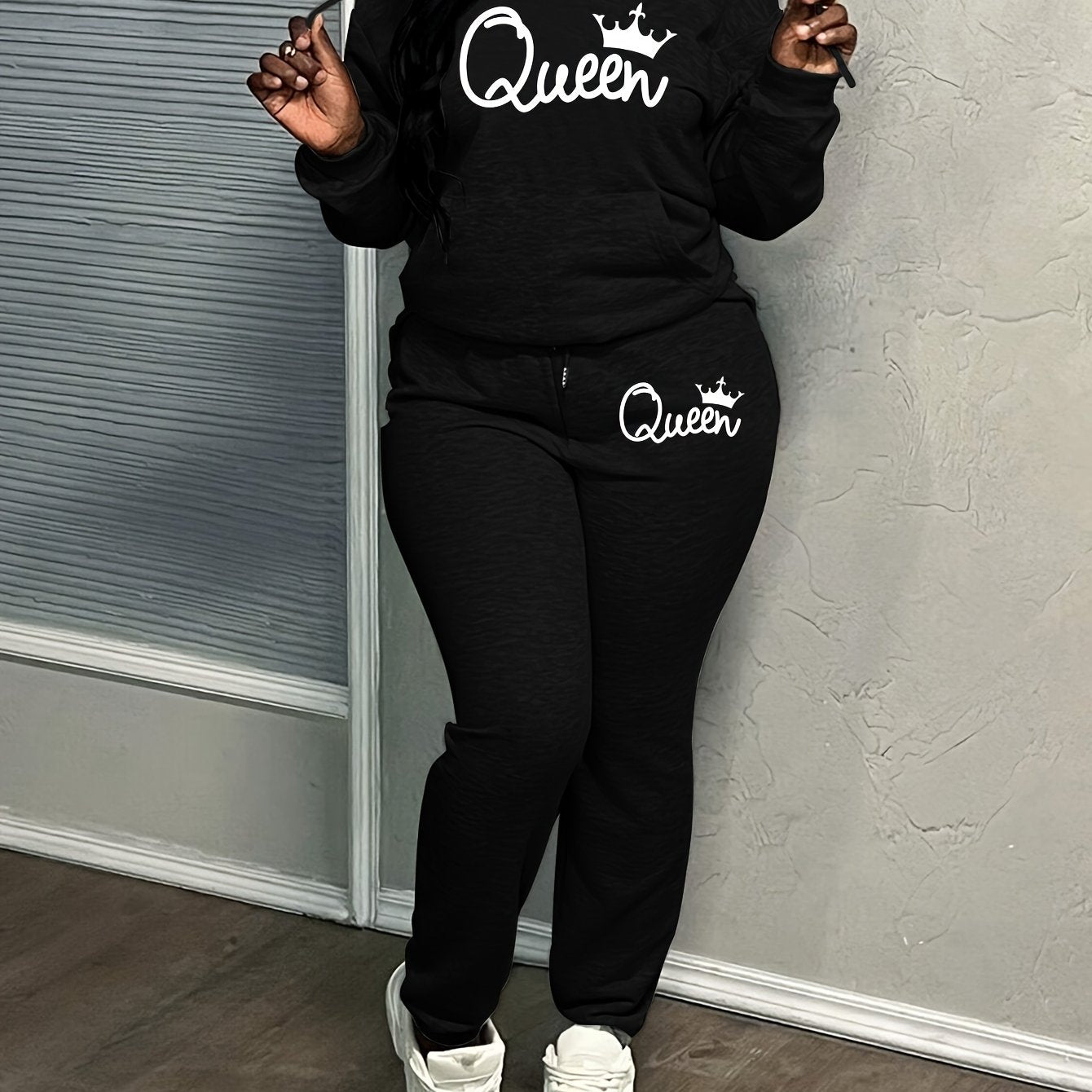 Letter Print Two Piece Hoodie And Pants Set Polyester Women