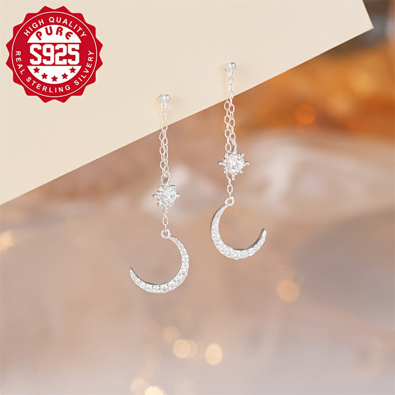1 Pair Elegant S925 Silver Crescent Moon Dangle Earrings, Synthetic Zirconia, Bling Fashion Ear Studs for Women, Hypoallergenic, Perfect for Daily Wear & Banquets, Thanksgiving Gift, 1.8g