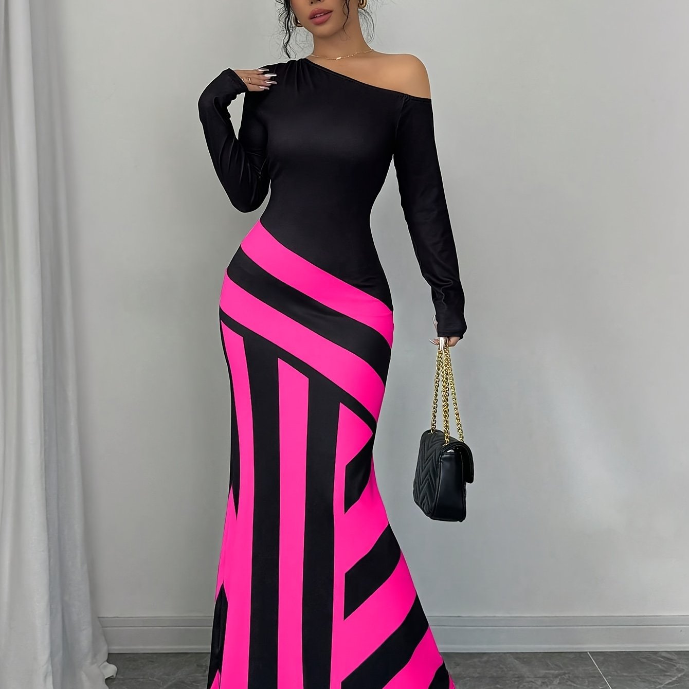 Elegant Off Shoulder Striped Maxi Dress For Women Everyday