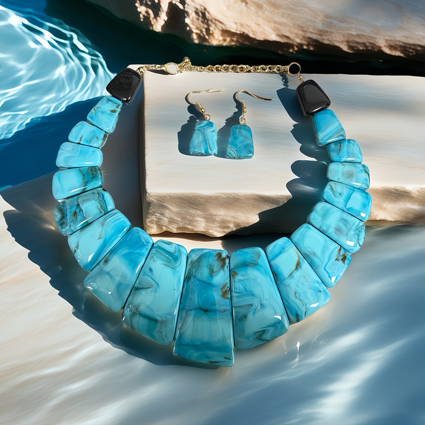Elegant Blue Resin Jewelry Set with Golden Accents