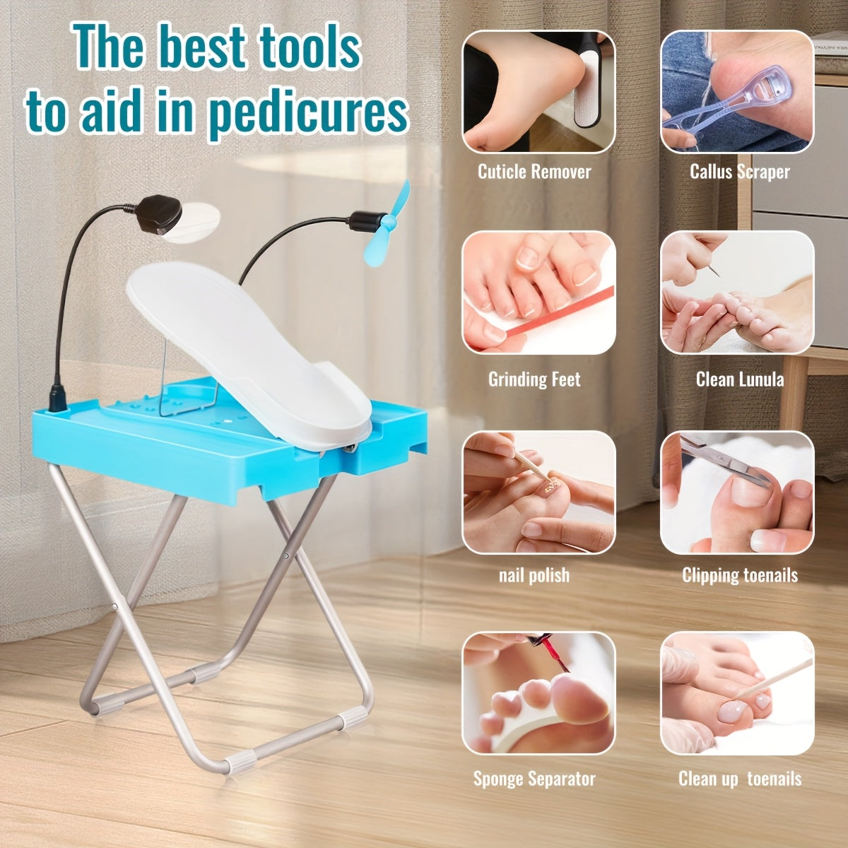 1pc ABS Adjustable Pedicure Stool With LED Magnifier, Drying Fan & Built-in Storage-with 16/19pcs Nail Tools, Home Nail Pedal, Suitable For Trimming Nails, Polishing Nails, Perfect Footrest For Easy At-Home Pedicures, Ideal G