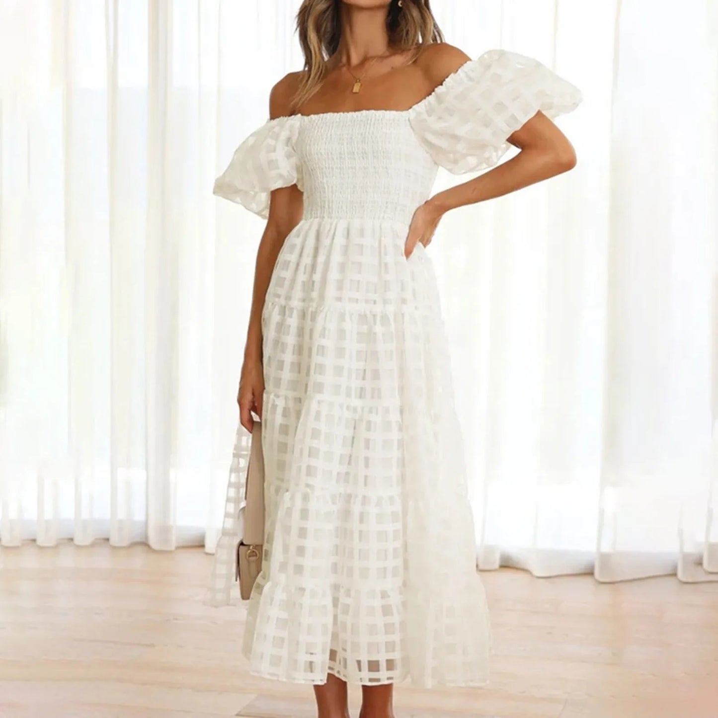 Women Off Shoulder Party Dress Fashion Elastic Top Short Puff Sleeve A Line Ruffle Dress Casual Midi Long Dress vestidos largos