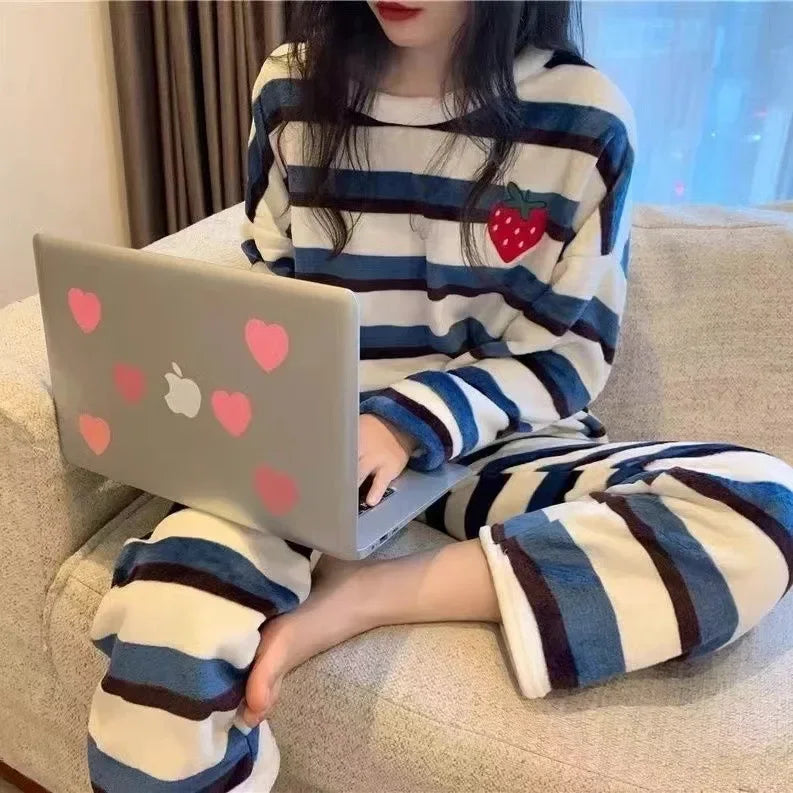 Thickened Warm Pyjamas Set for Women‘s Coral Velvet Sleepwear Student Long Sleeve Blue Striped Nightwear Homewear Cartoon Cute