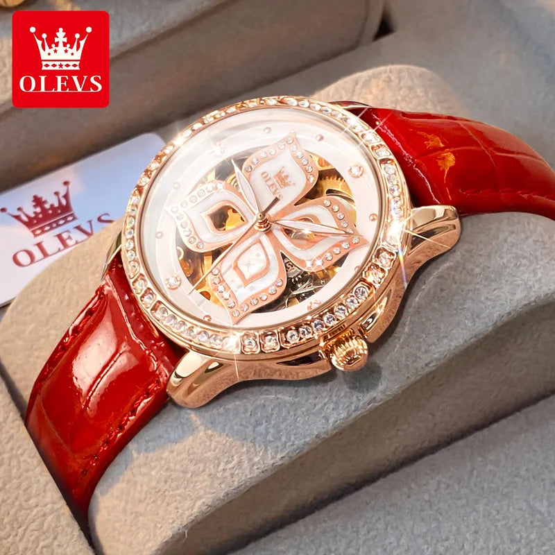 OLEVS 6612 Elegant Diamond Women Automatic Mechanical Watch Original Hollow out Waterproof Clock Luxury HD Women Gift Box Watch