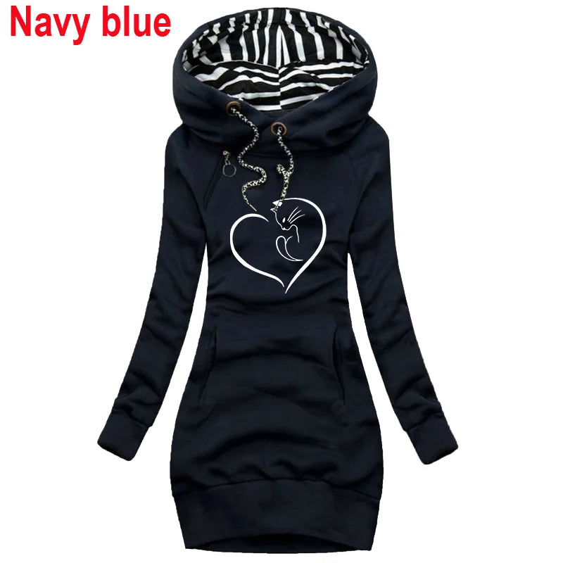 New Women's Hooded Long Sleeved Dresses Cat Print Hoodie Casual Skirt Hooded Pullover Pocket Sweater Dress