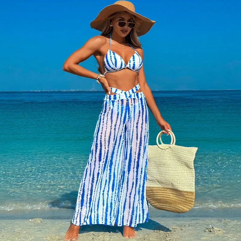 VigoBreviya 3 Piece Pants Bikini Set For Women Summer High Waist Swimwear Female 2026 Stripe Backless Swimsuit Lady Bathing Suit