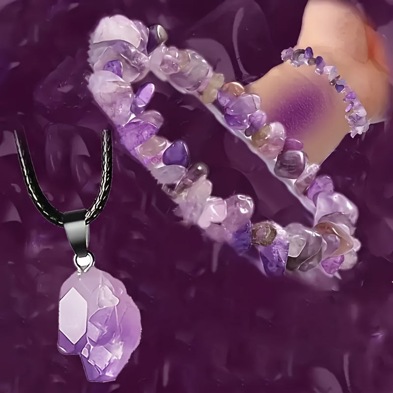 Natural Amethyst Pendant Necklace and Crushed Stone Bracelet Set