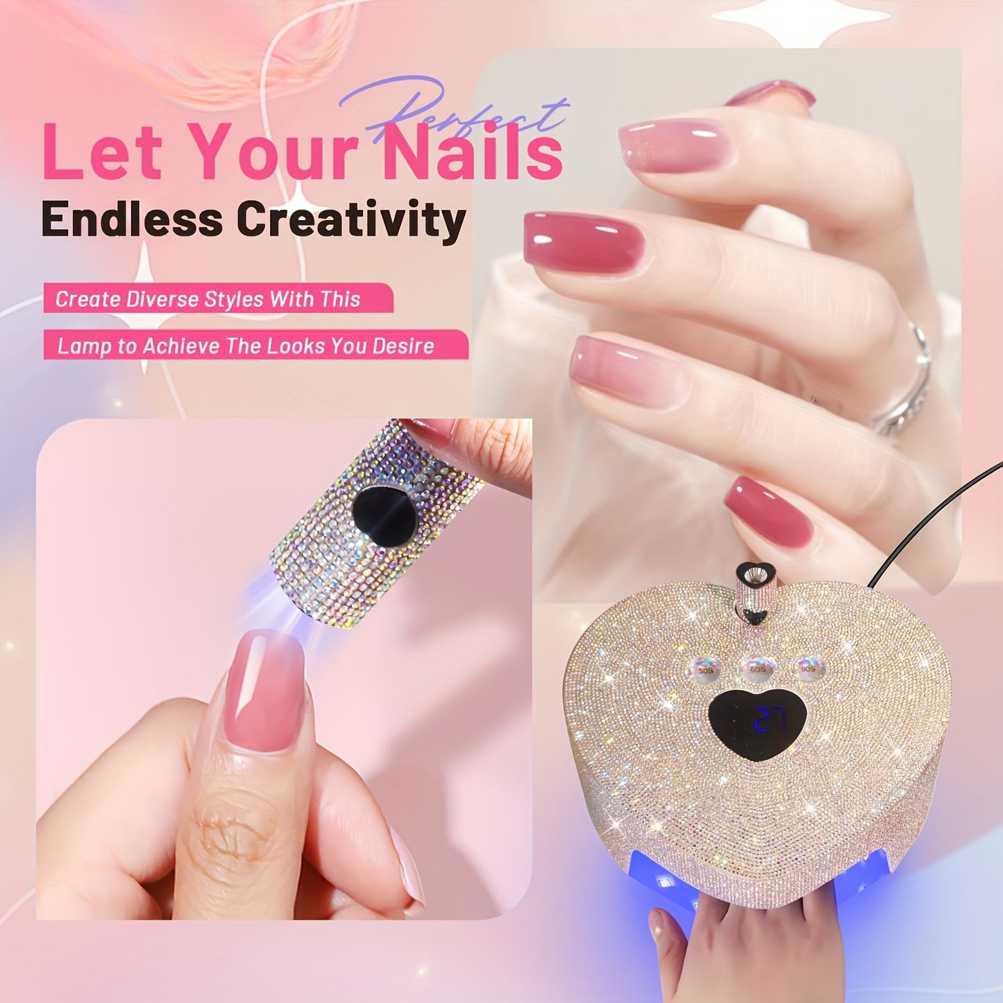 86W Cordless LED Nail Lamp with A Handheld Nail Lamp, 4 Timer Setting Touch Control & Auto Sensor for Gel Nail Polish with Sparkling Nail Rhinestones, with Heart Shape