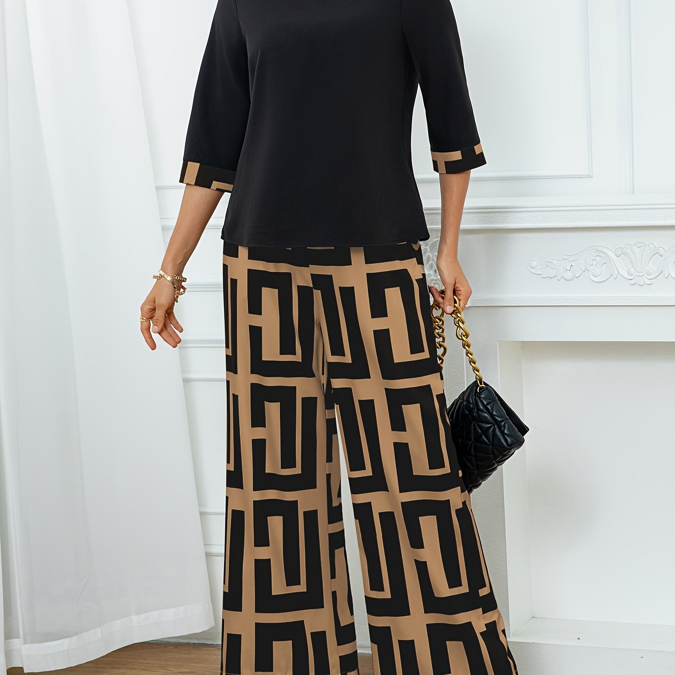 Women'S Elegant Patchwork Round Neck Top + Geometric Print Wide Leg Pants Two Piece Set, Polyester, All-Season, with Fake Drawstring Detail