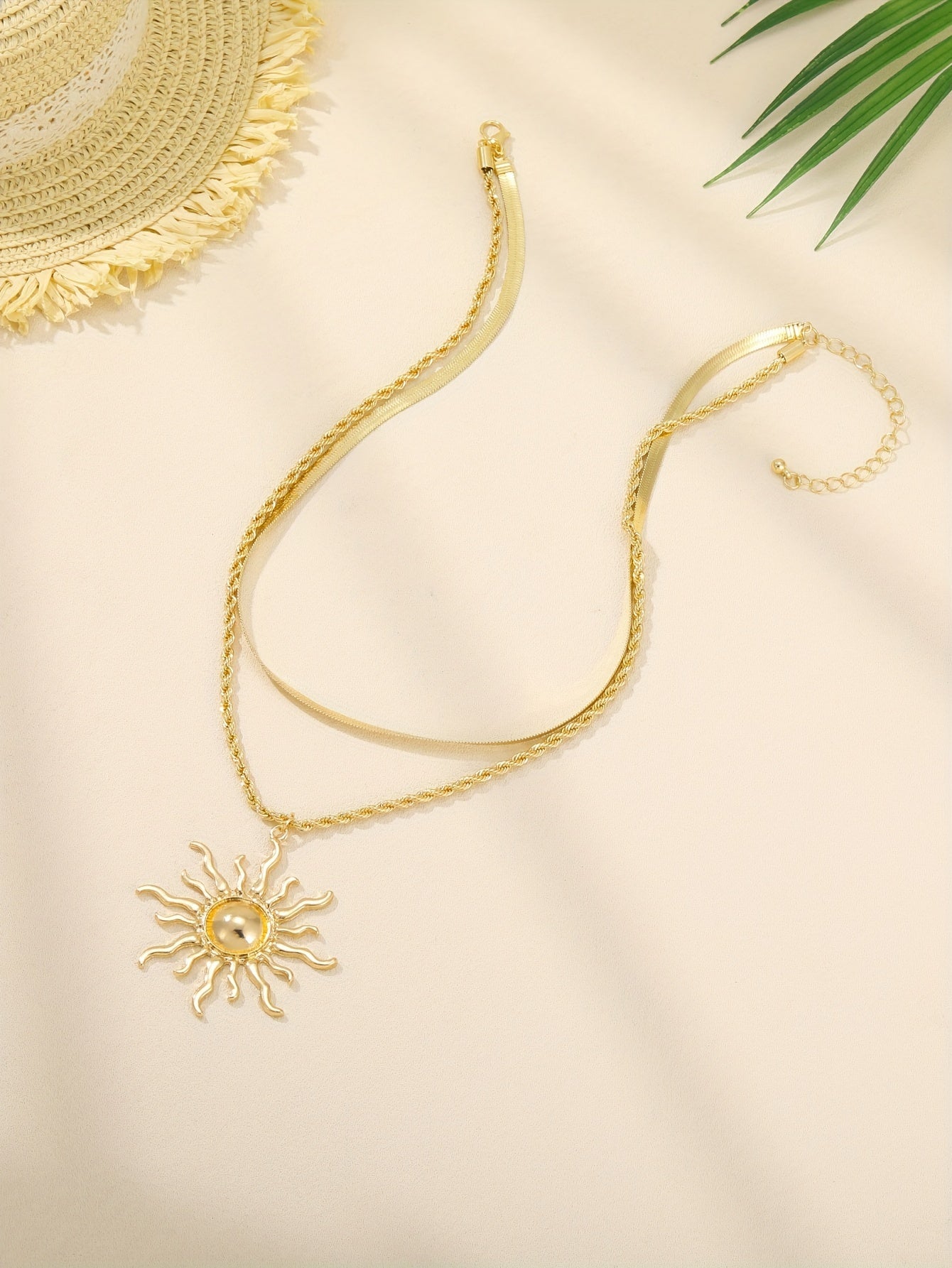 Bohemian Double Layer Snake Bone Twist Rope Chain Necklace with Sun Flame Pendant - 14K Gold Plated Golden Plated Zinc Alloy Jewelry for Women, Sparkling Synthetic Stones, Casual & Holiday Gift for Christmas, Mother’s Day,