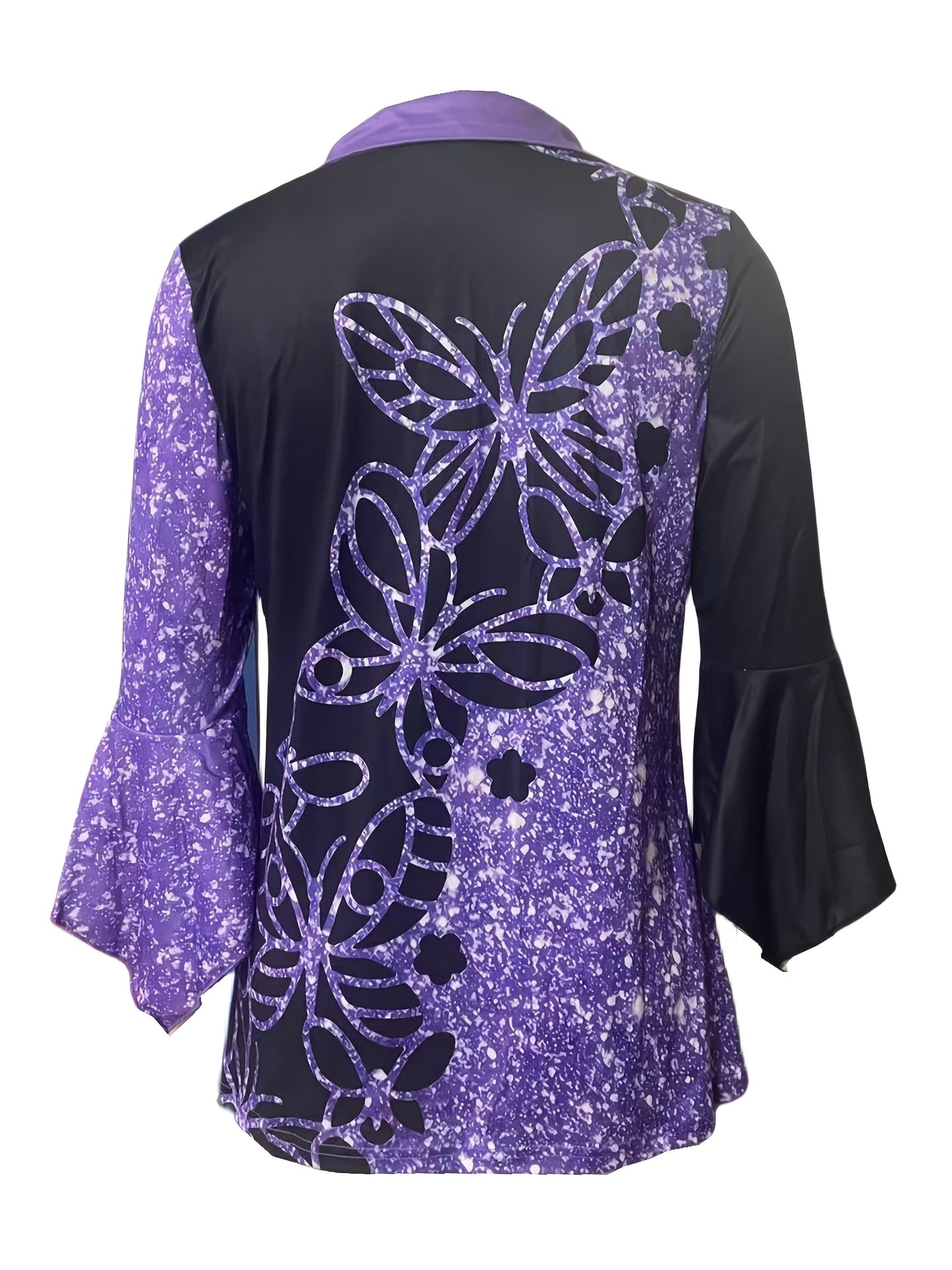 Women Floral Glitter Button Up Collared Long Sleeve Top