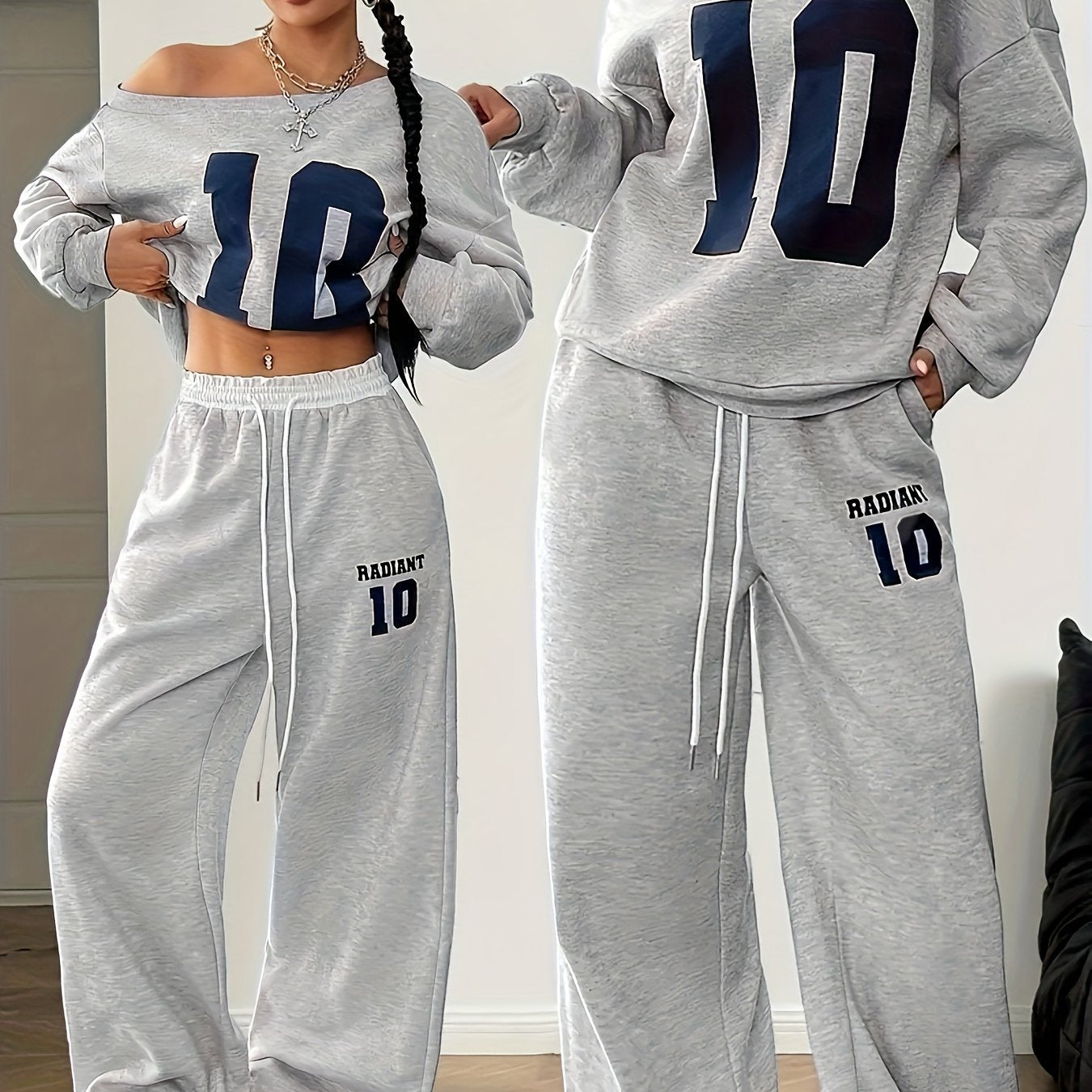 New Women's Two-Piece Set: Fashion Casual Thickened Loose Round Neck Minimalist Digital Print T-Shirt & Pants with Off-Shoulder Sweatshirt + Lace Drawstring Long Joggers