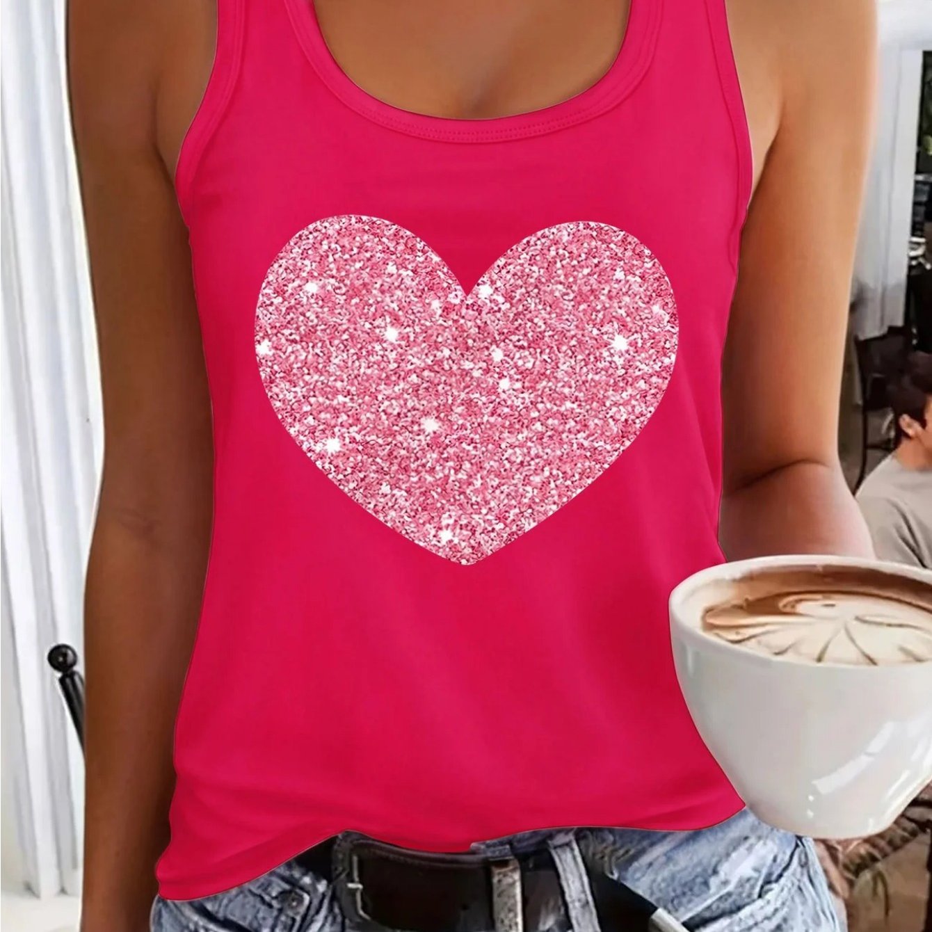 1pc Women's Pink Sleeveless Vest, Sparkling Red Heart And Star Print, Printed Pattern, Non Sequined - Casual Summer And Spring Top, Round Neck, Machine Washable Comfortable Fabric