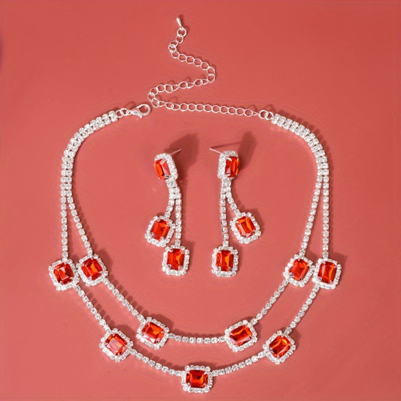 Bridal Rhinestone Necklace and Earrings Set Multi Layer