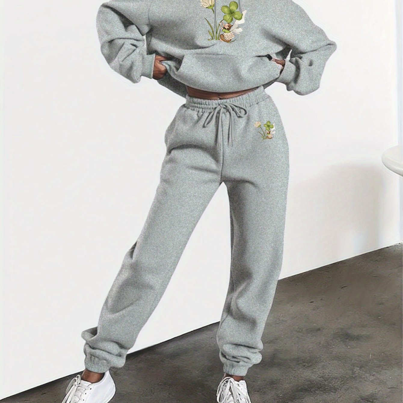 Floral Print Womens Hooded Sweatshirt And Pants Set Winter