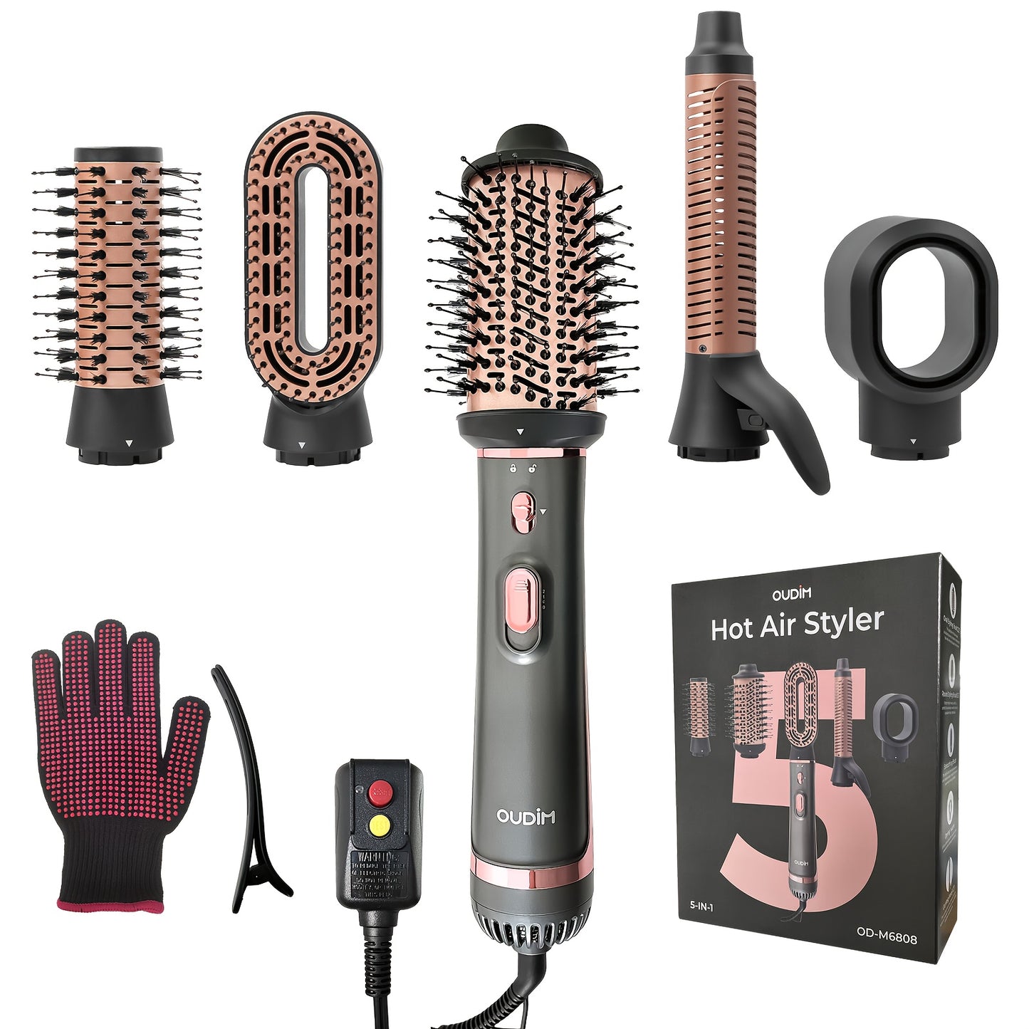5-in-1 Hot Air Comb Set with Negative Ion Technology - Hair Dryer, Massage Straightening Comb, Round Curling Iron & Oval Styling Comb, Interchangeable Heads