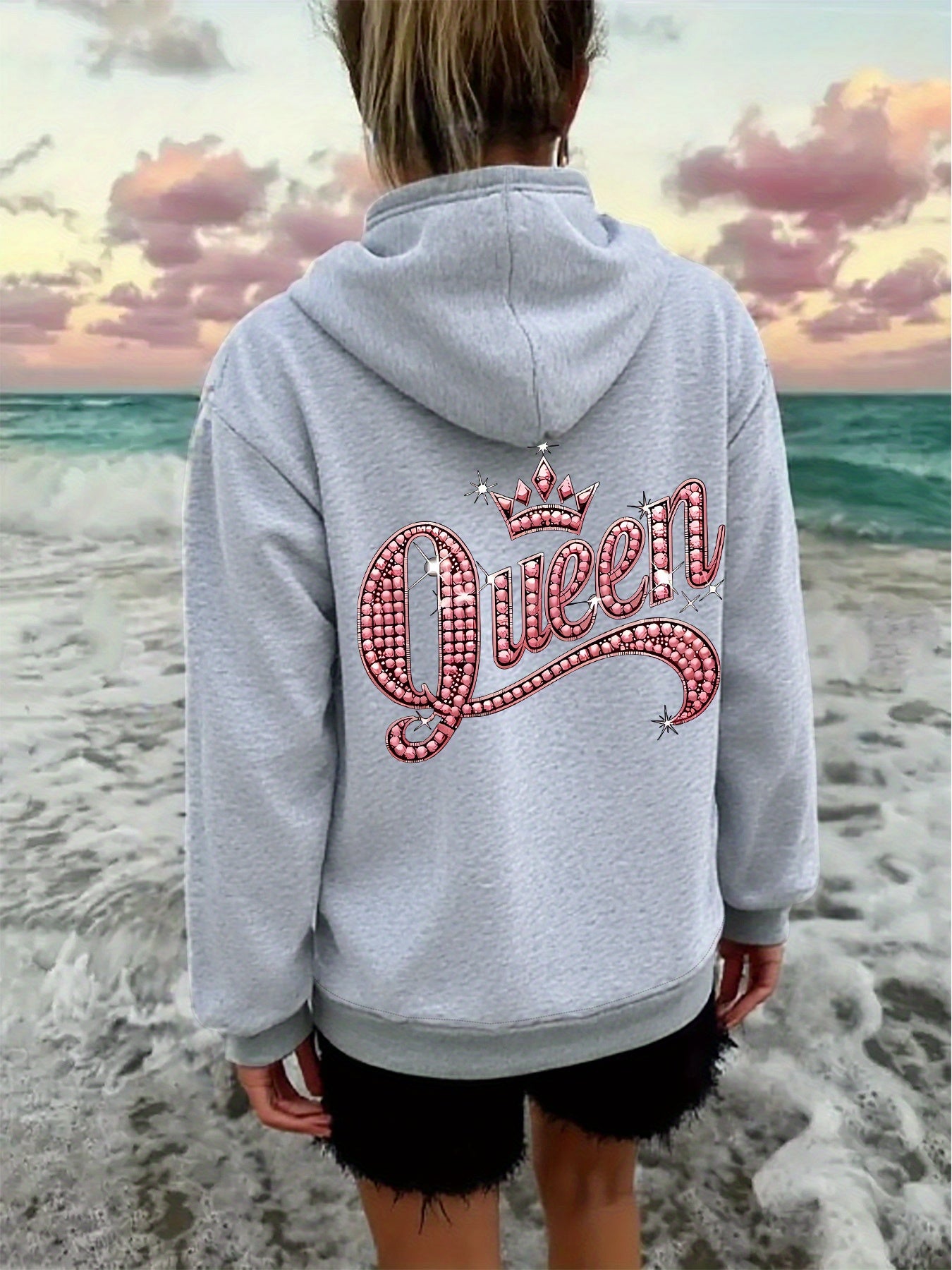 Pink Queen Graphic Hoodie Zipper Jacket Rhinestone Letters