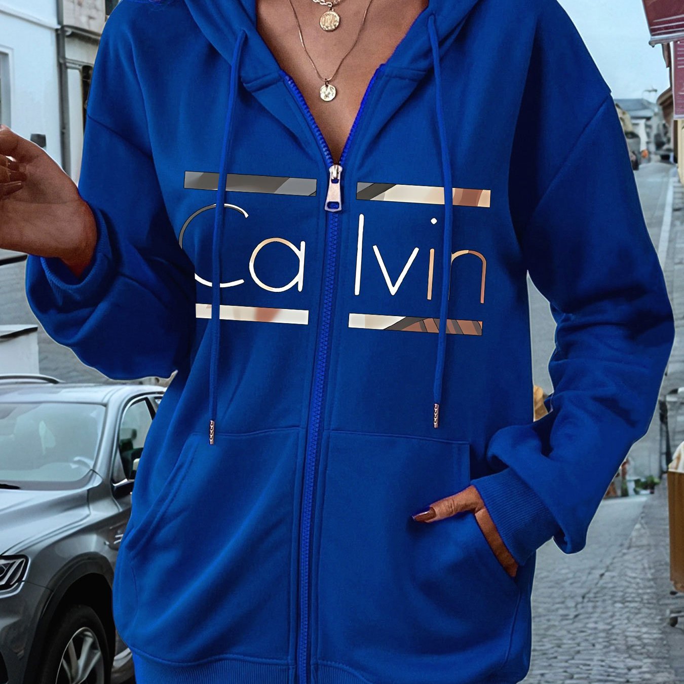 Letter Print Hooded Long Sleeve Zip Sweater For Women