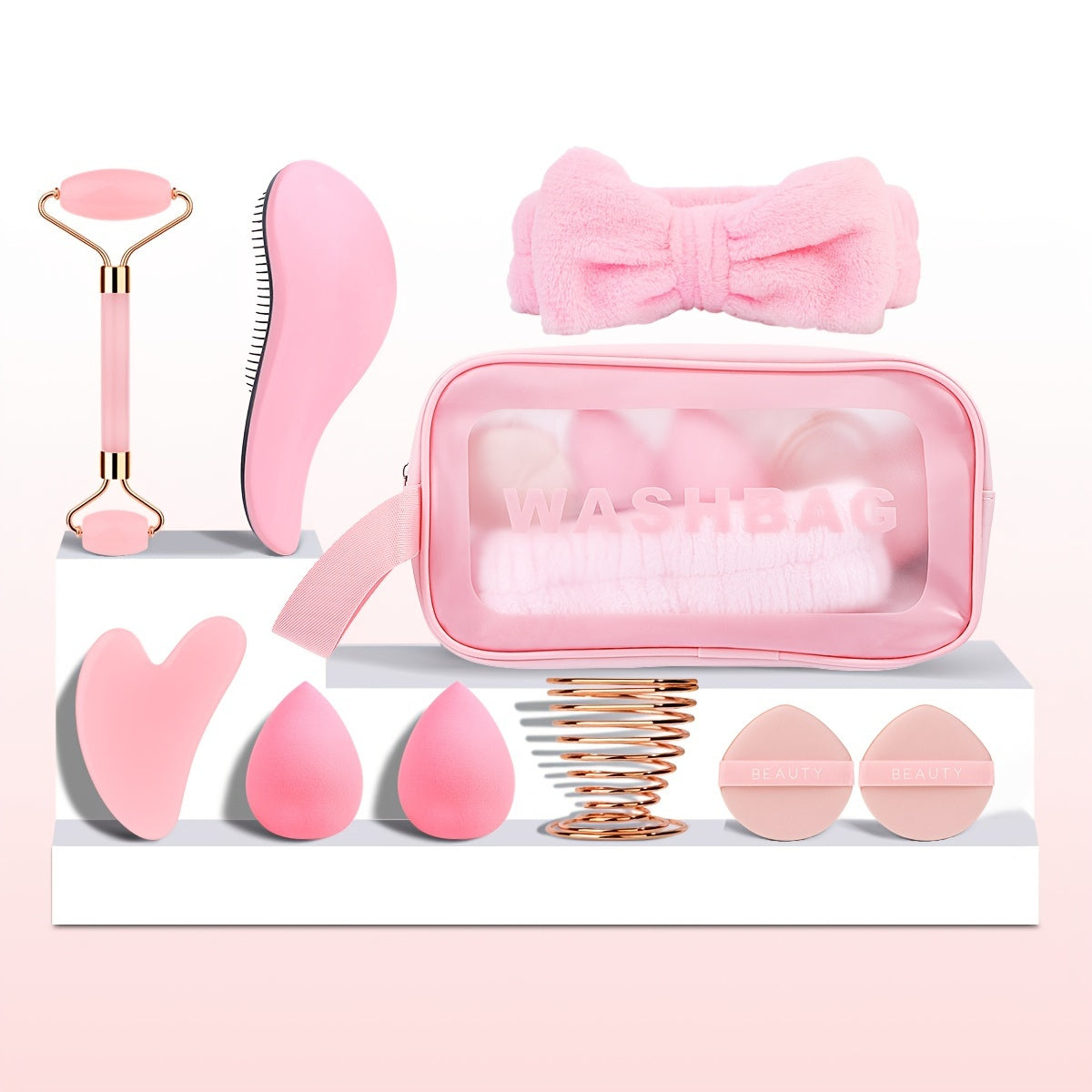 10 Piece Beauty Facial Care Set With Pink Roller Gua Sha