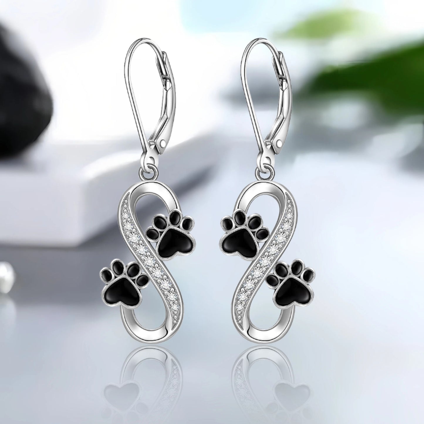 Sterling Silver Infinity Earrings - 925 Black Cat Paw Print Women's Memorial Jewelry Lover Gift - Valentine's Day Puppy Pet Paw Earrings