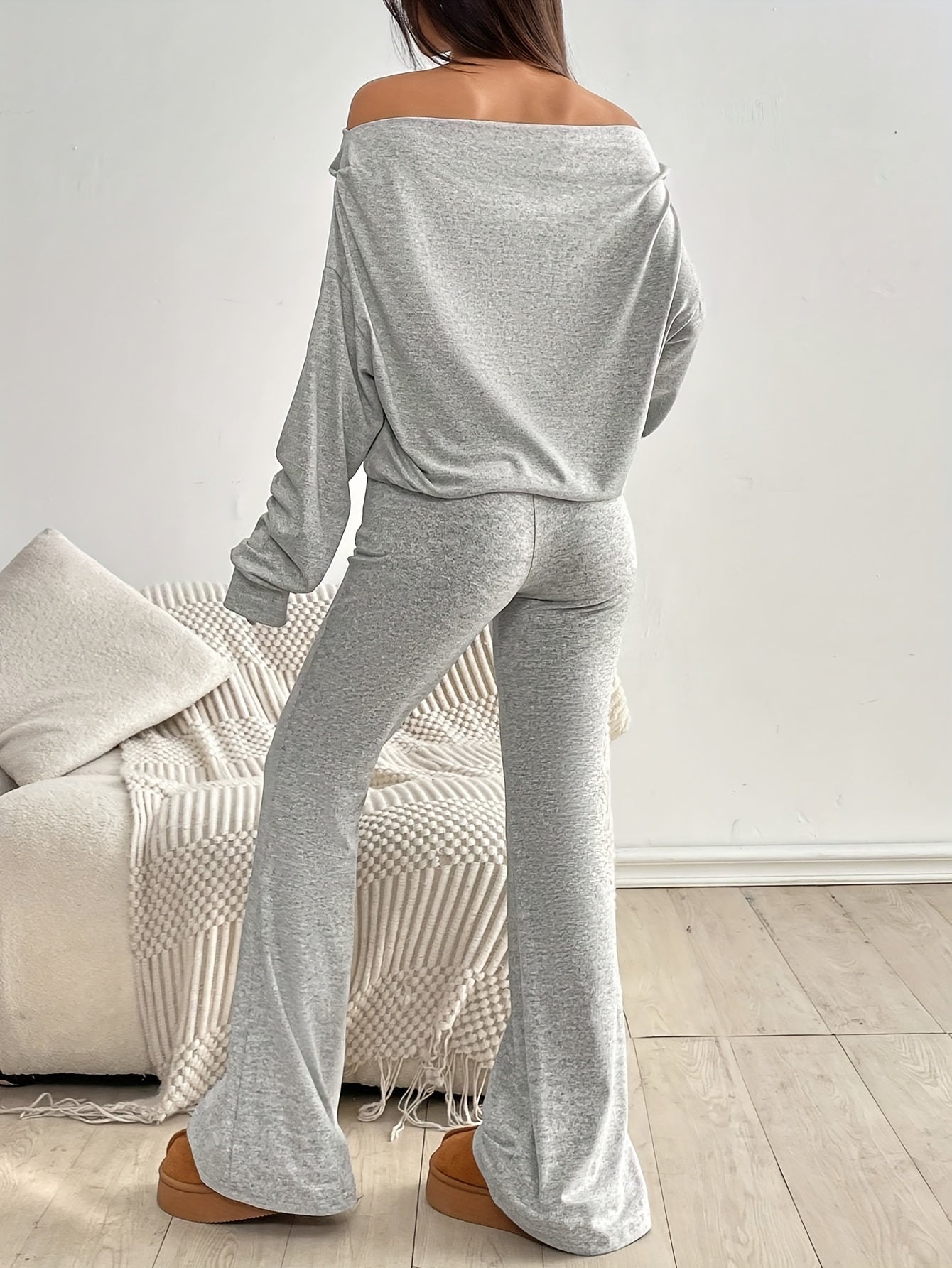 Off-Shoulder Long Sleeve Crop Top And Flared Pants Set