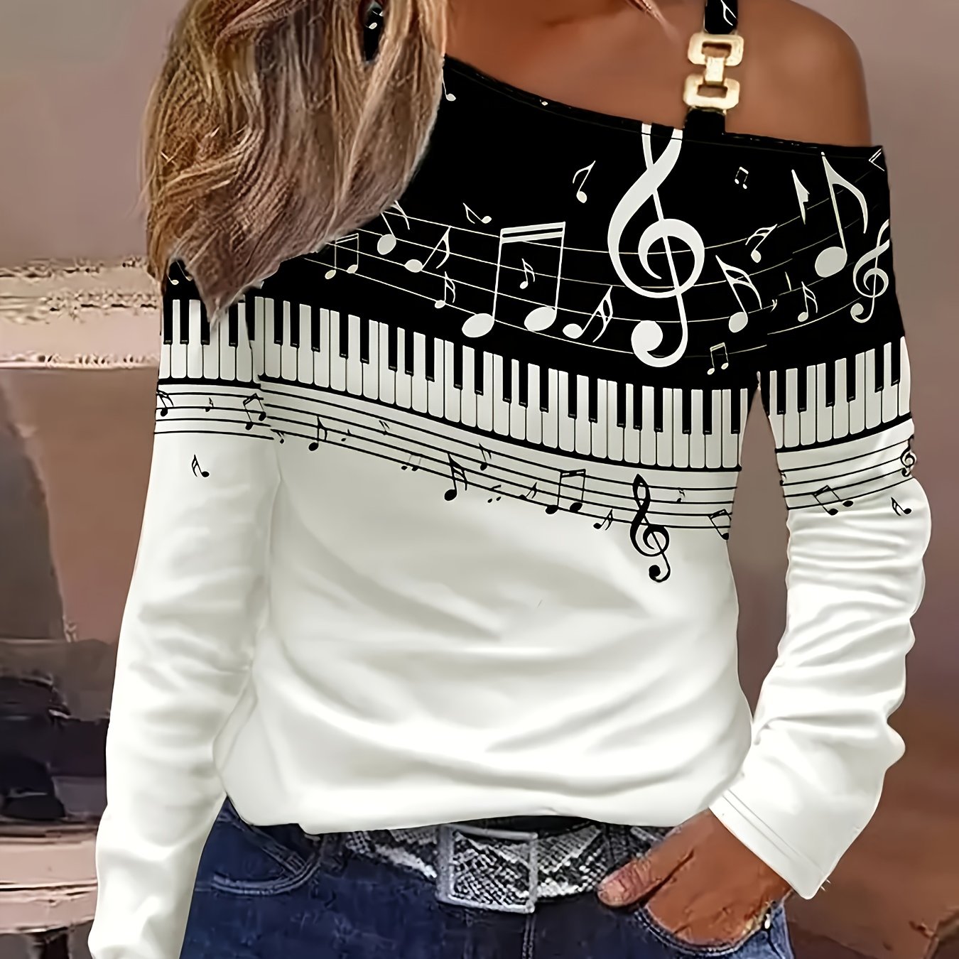 Womens Off Shoulder Shirt With Geometric Music Note Print