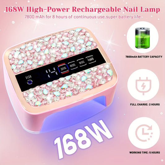 Portable UV LED Nail Lamp with Sparkling Pink Rhinestones