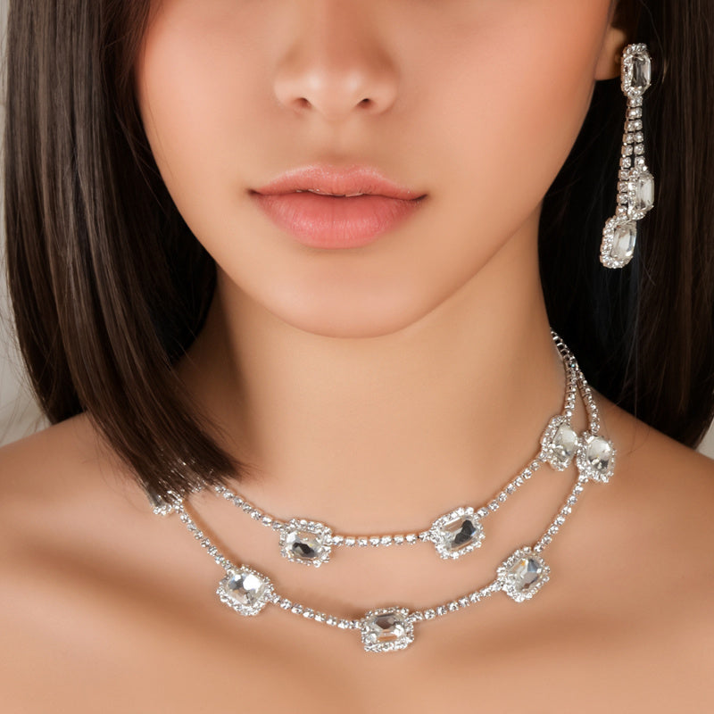 Bridal Rhinestone Necklace and Earrings Set Multi Layer