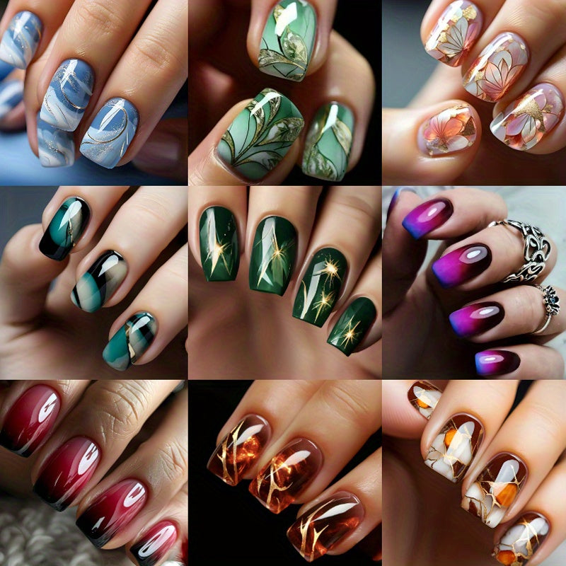 216pcs (9PACK)Pressing Nail Set - Medium Square, Glossy Surface, Striped and Gradient Design, Available in Brown, Blue, Purple Colors - Reusable Fake Nails, Suitable for Fashionable Nail Art Matching