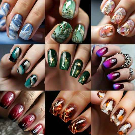 216pcs (9PACK)Pressing Nail Set - Medium Square, Glossy Surface, Striped and Gradient Design, Available in Brown, Blue, Purple Colors - Reusable Fake Nails, Suitable for Fashionable Nail Art Matching