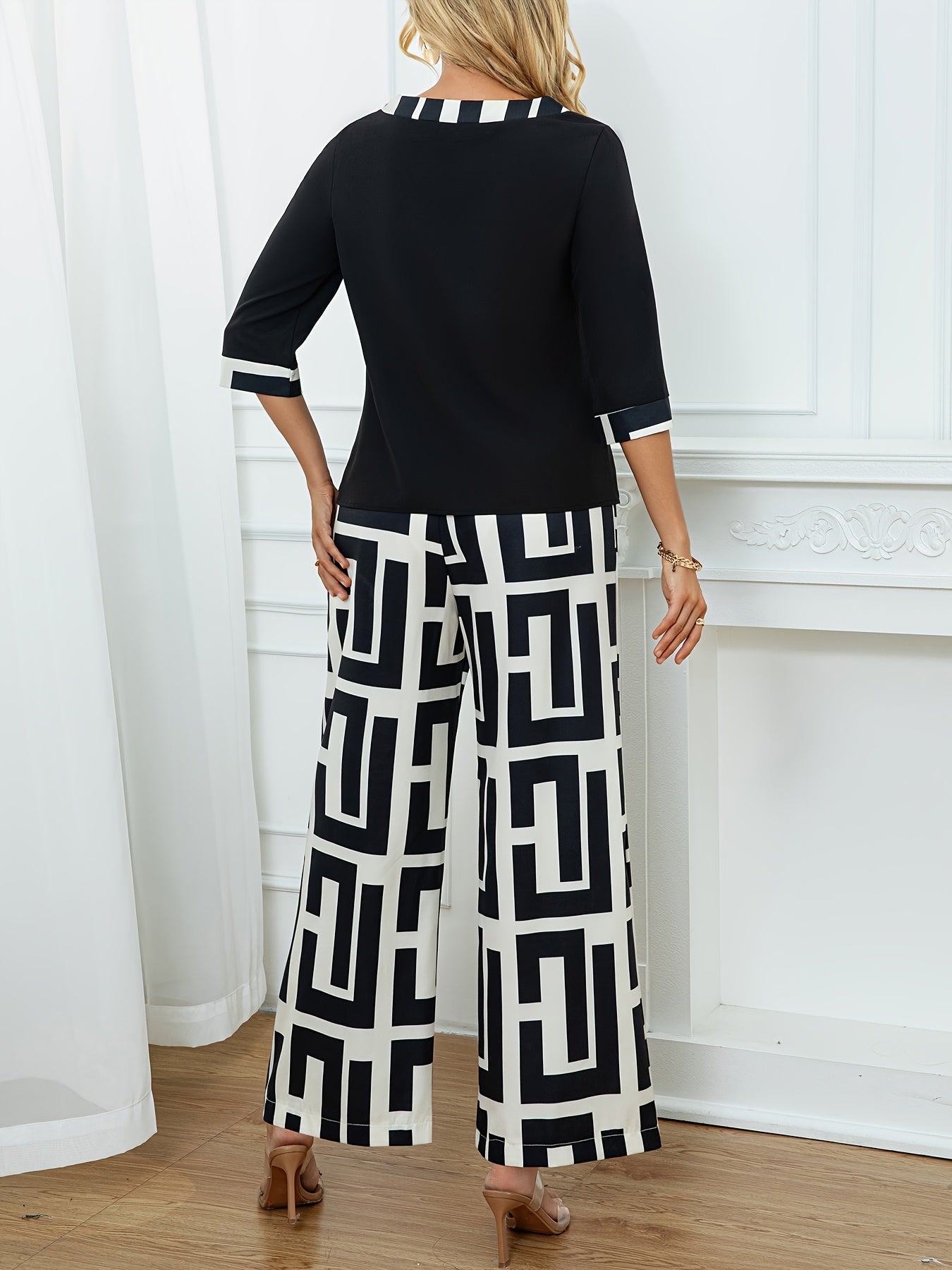 Women'S Elegant Patchwork Round Neck Top + Geometric Print Wide Leg Pants Two Piece Set, Polyester, All-Season, with Fake Drawstring Detail