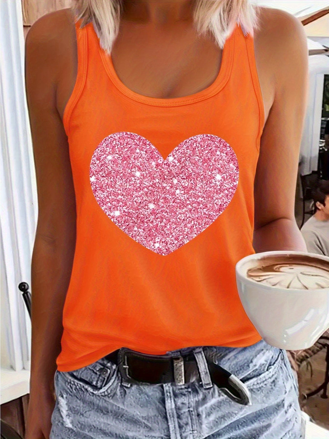 1pc Women's Pink Sleeveless Vest, Sparkling Red Heart And Star Print, Printed Pattern, Non Sequined - Casual Summer And Spring Top, Round Neck, Machine Washable Comfortable Fabric