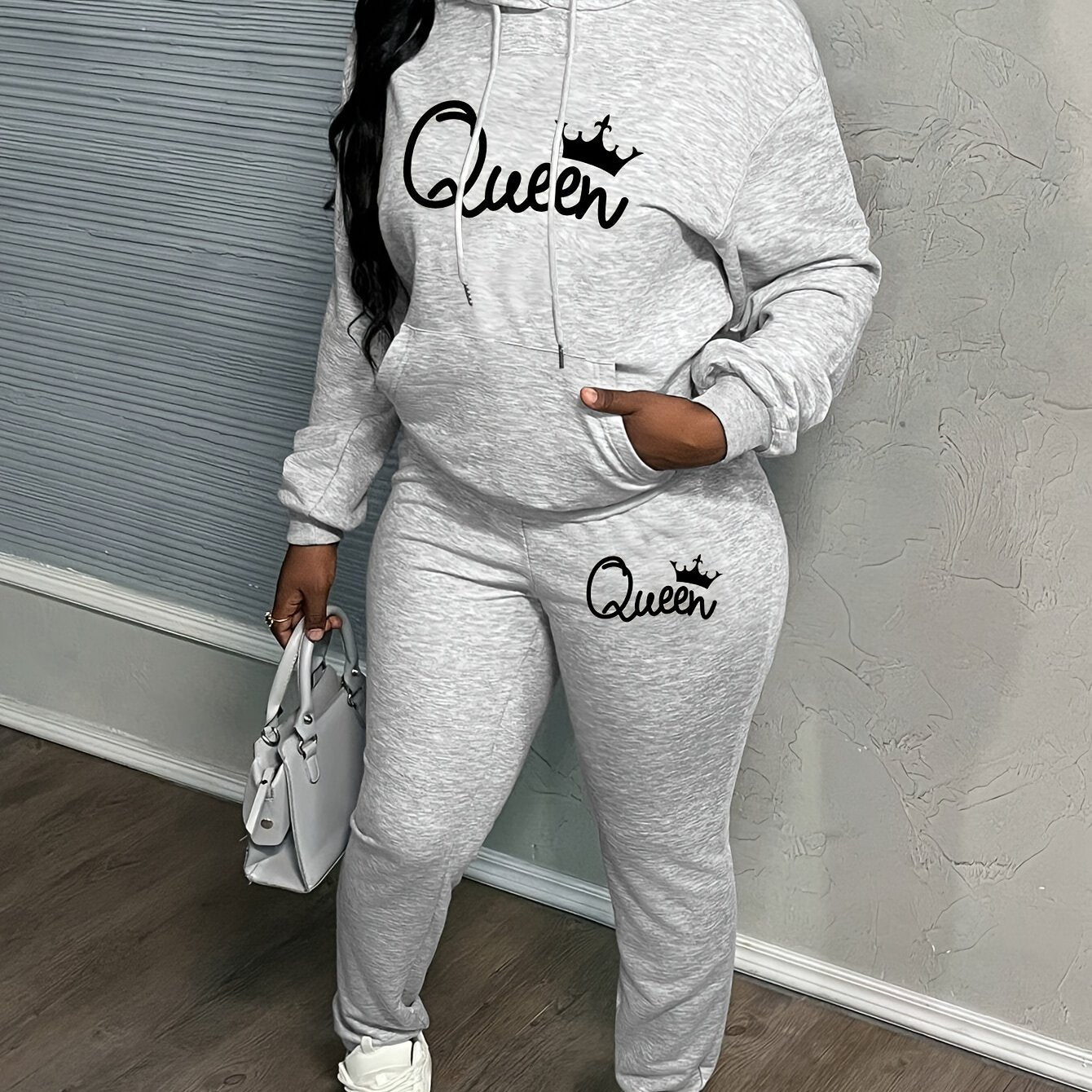 Letter Print Two Piece Hoodie And Pants Set Polyester Women