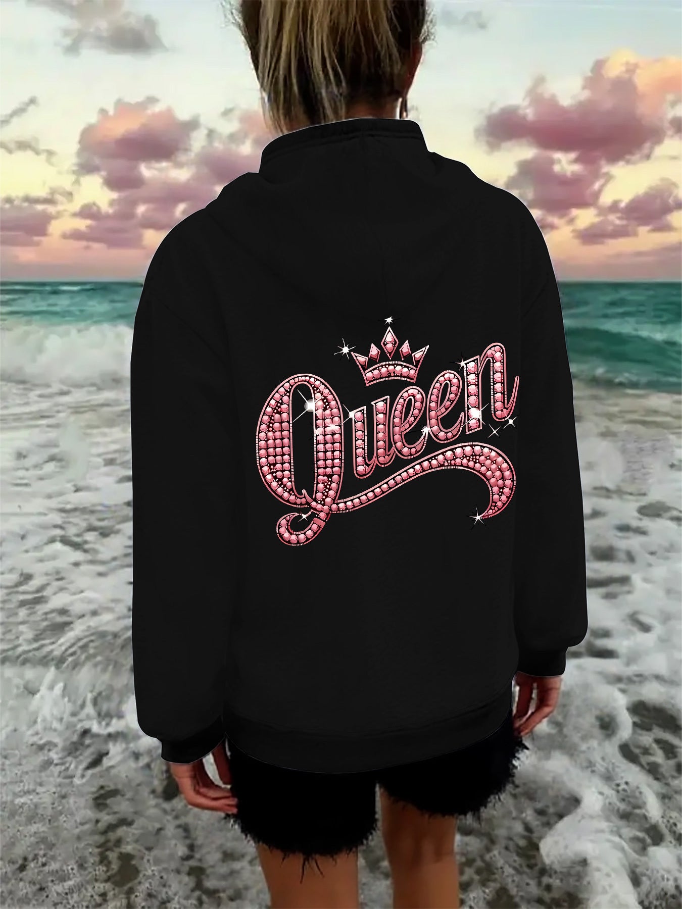 Pink Queen Graphic Hoodie Zipper Jacket Rhinestone Letters