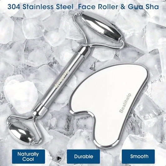 Stainless Steel Facial Roller and Gua Sha Set, Lifting, and Puffiness Improvement Tool for Face, Eyes, and Neck - Includes Metal Massager with Ergonomic Handle, Facial Skin Care Tools|Stainless Steel Construction|Durable Meta