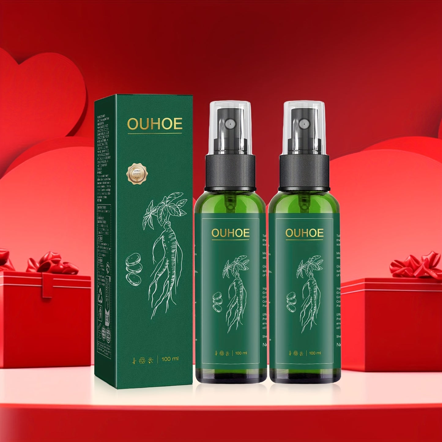 OUHOE Ginseng Hair Treatment Spray - 3.38fl.oz/100ml, 2-in-1 Nourishing Formula with Korean Red Ginseng Extract for Frizz Control & Silky Smooth Hair | Gentle Cleansing, Oil Control, Moisturizing - Daily Hair Care Essential f
