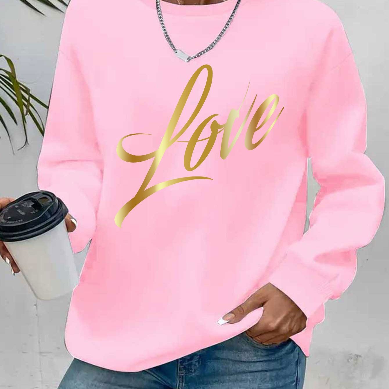 Casual Crew Neck Sweatshirt With Love Letter Graphic Print