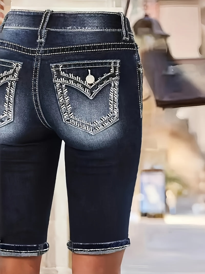 Women'S Stretch Denim Mid-Thigh Shorts Embroidered Fashion Comfortable Versatile Women'S Denim Shorts