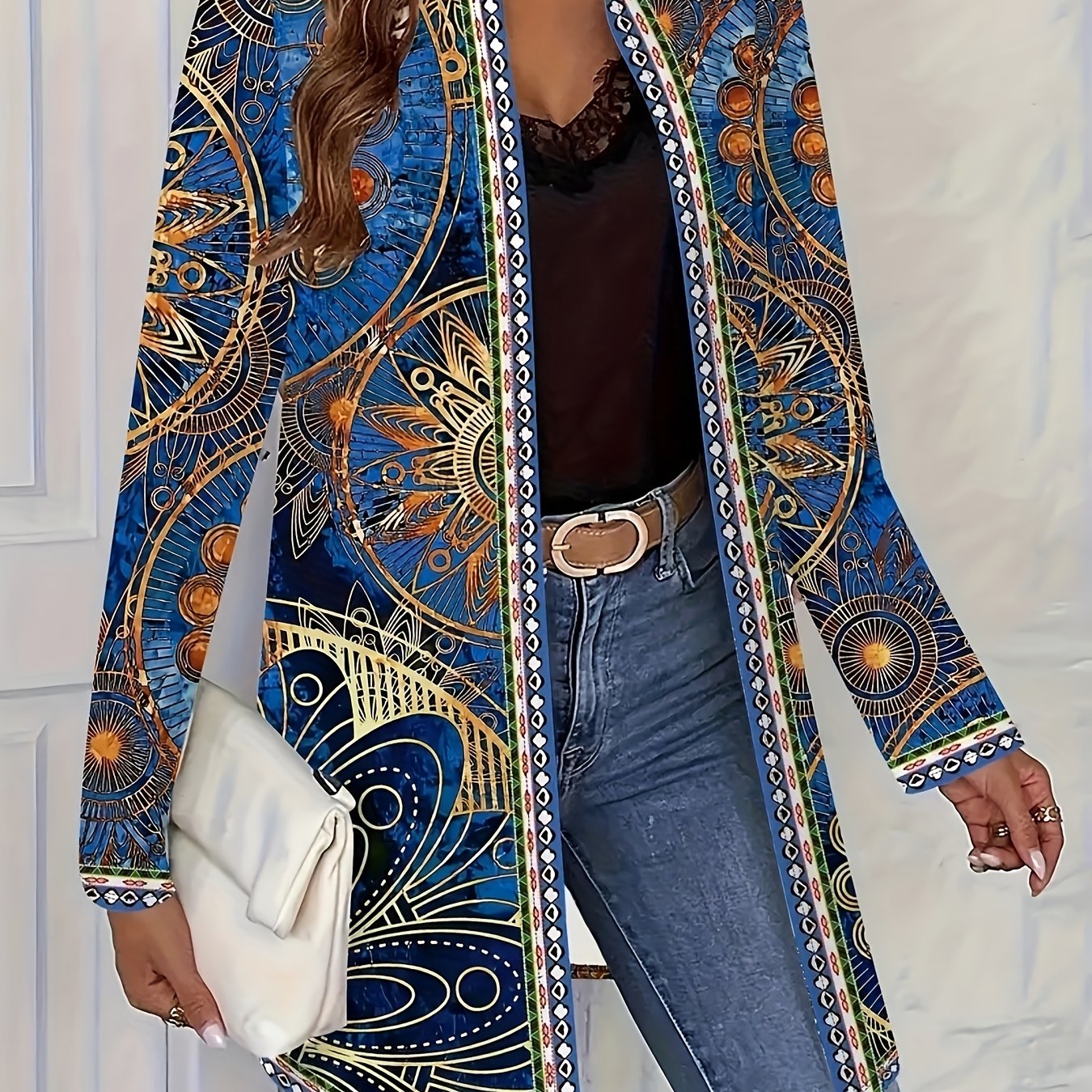 Bohemian Geometric Longline Cardigan For Casual Layering