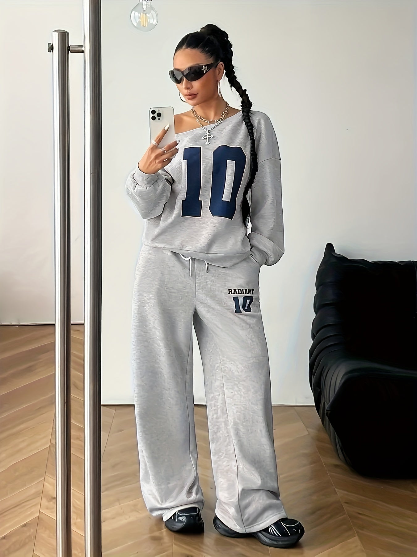 New Women's Two-Piece Set: Fashion Casual Thickened Loose Round Neck Minimalist Digital Print T-Shirt & Pants with Off-Shoulder Sweatshirt + Lace Drawstring Long Joggers