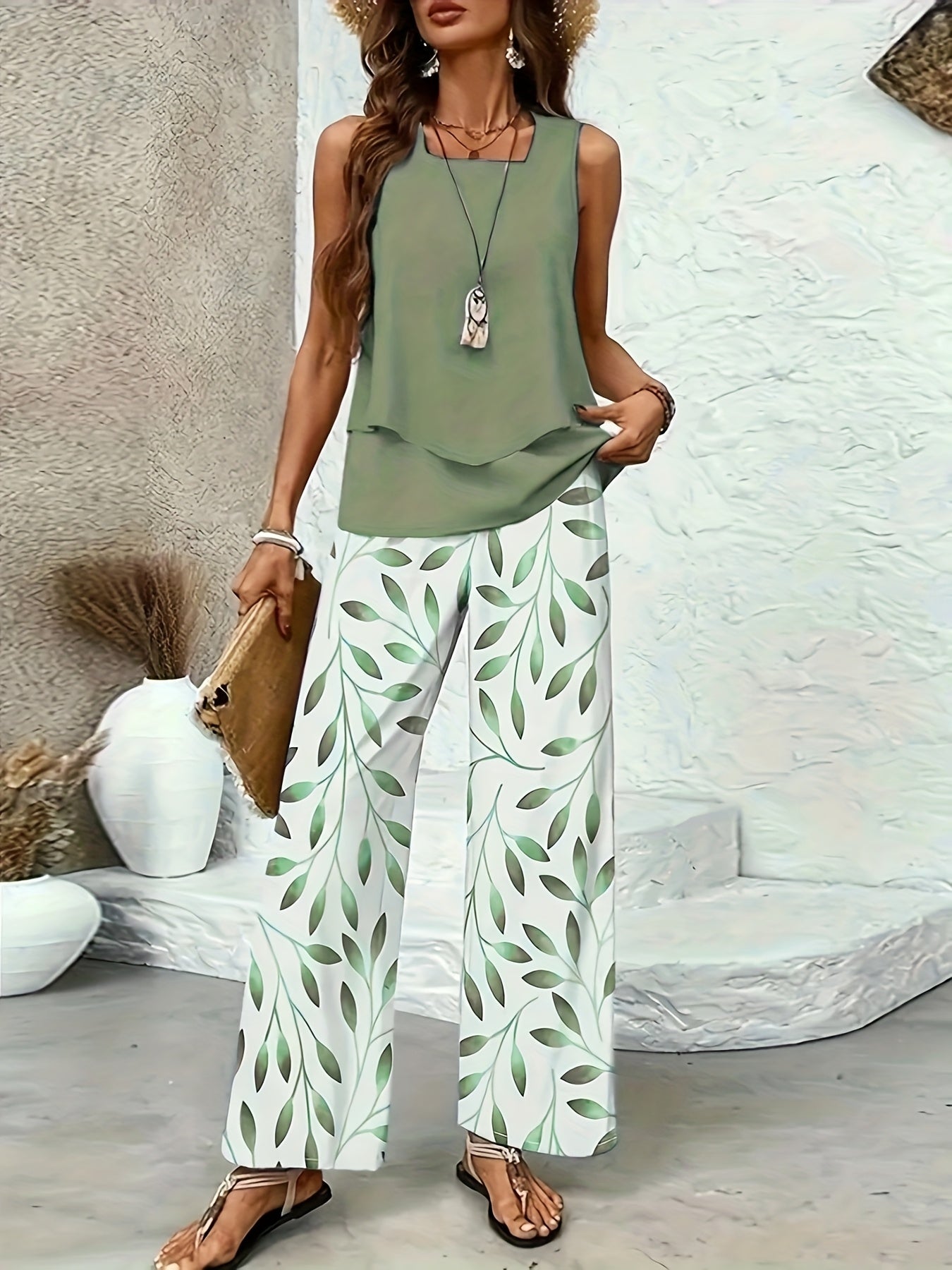 Directional Development Casual Sleeveless Vest and Straight Pants Set