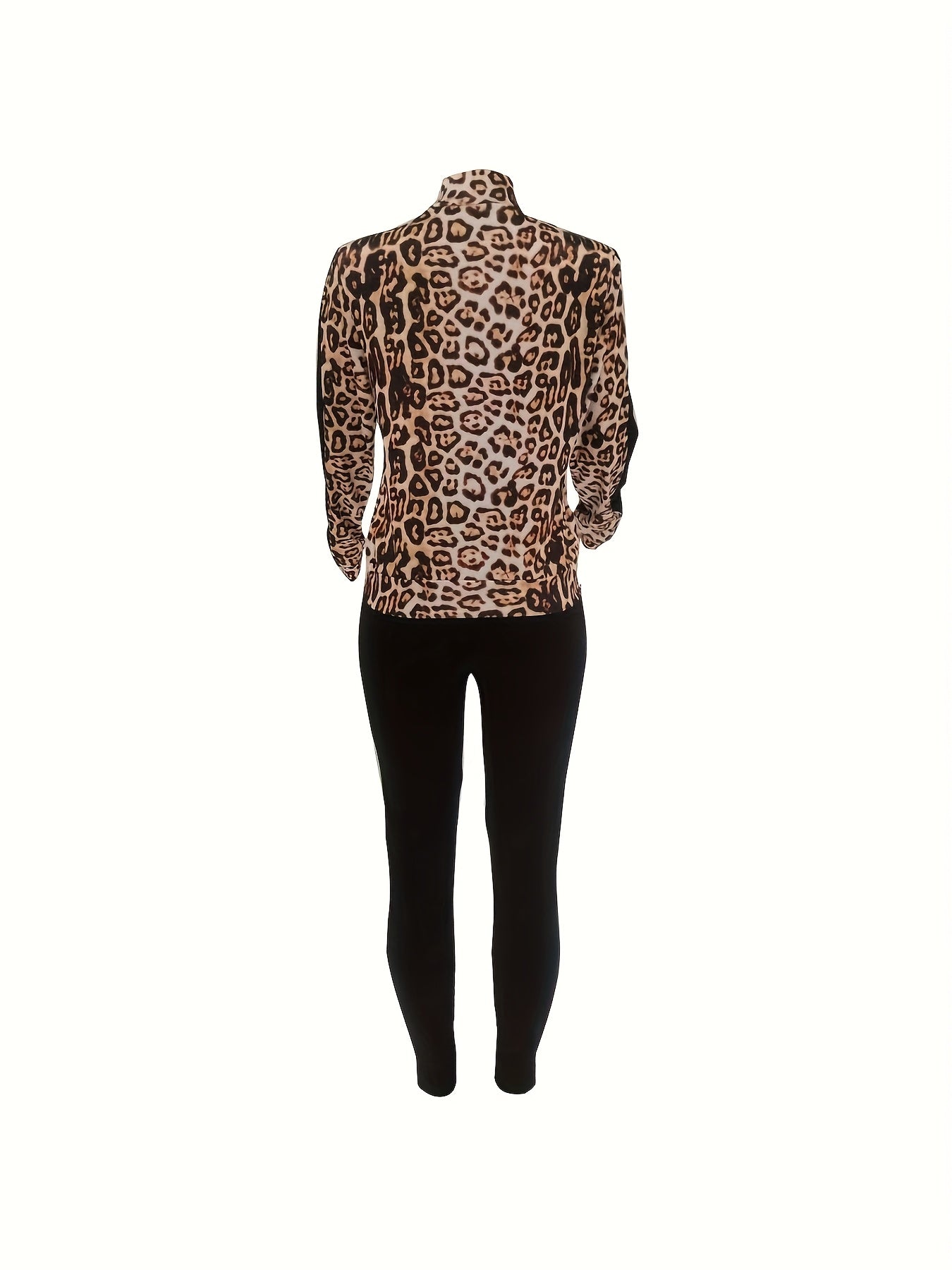 Stylish Casual Leopard Print Zip-Up Top and Pants Set