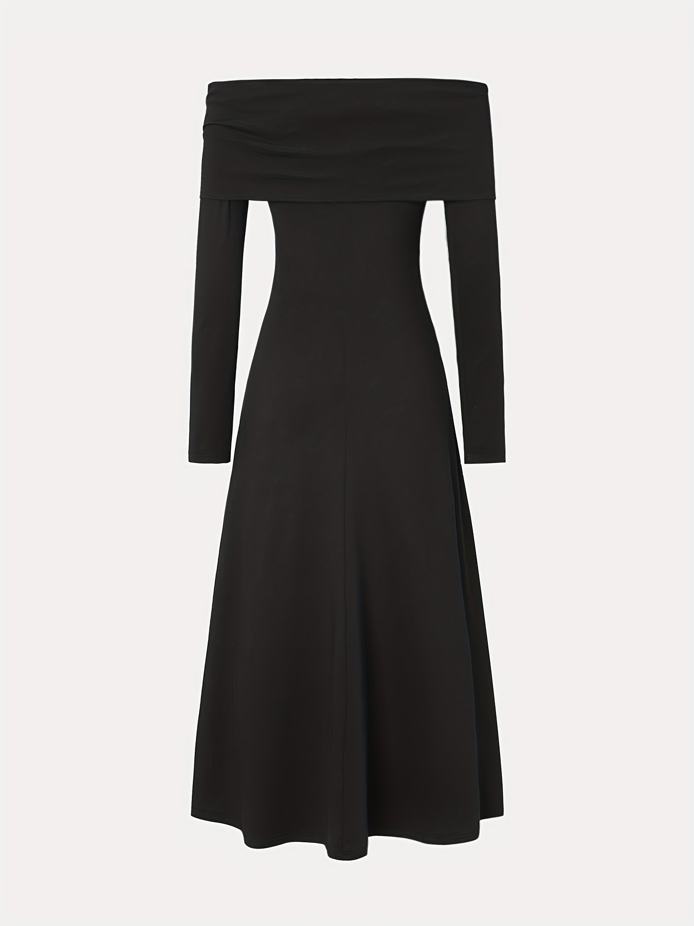 1pc Elegant French Knit Dress for Women, Casual Off-Shoulder Long Dress, Polyester Fiber, Solid Color, Slim Fit, Spring/Autumn Season, Adult - 180g/m² Lightweight Fabric