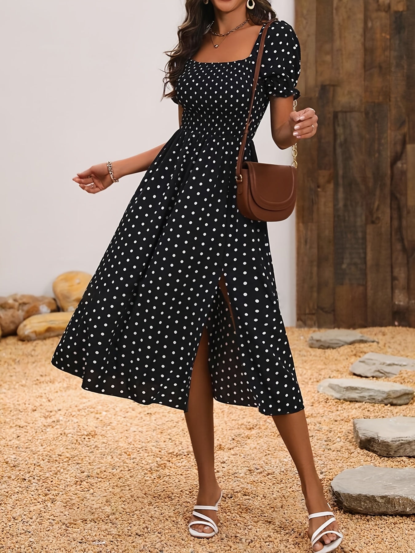 Elegant Off-Shoulder Red & White Polka Dot Mum Dress with Shirred Waist - Chic Summer Two-Way Wear for Women, Off Shoulder Dress