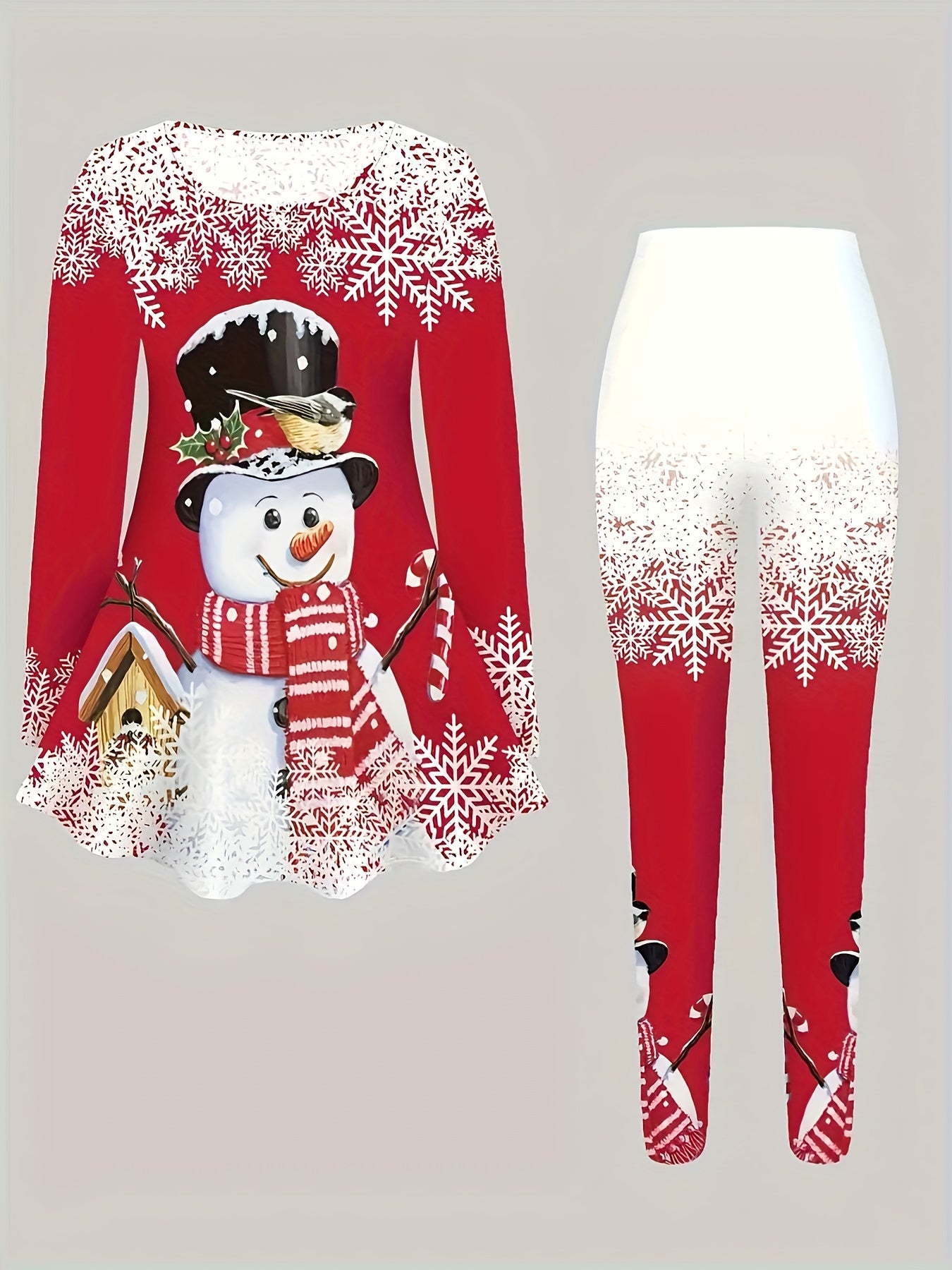 Women'S Christmas Outfit Set - Red & Snowflake Print Long Sleeve Top & Pants, Cozy Winter Warmth, Elegant Casual Style, Perfect for Holiday Parties, Christmas Outfit For Women, Christmas Outfit Women