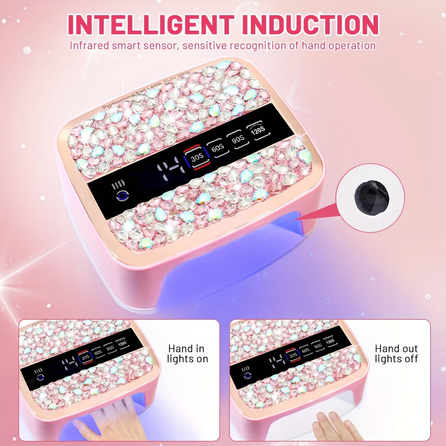 Portable UV LED Nail Lamp with Sparkling Pink Rhinestones