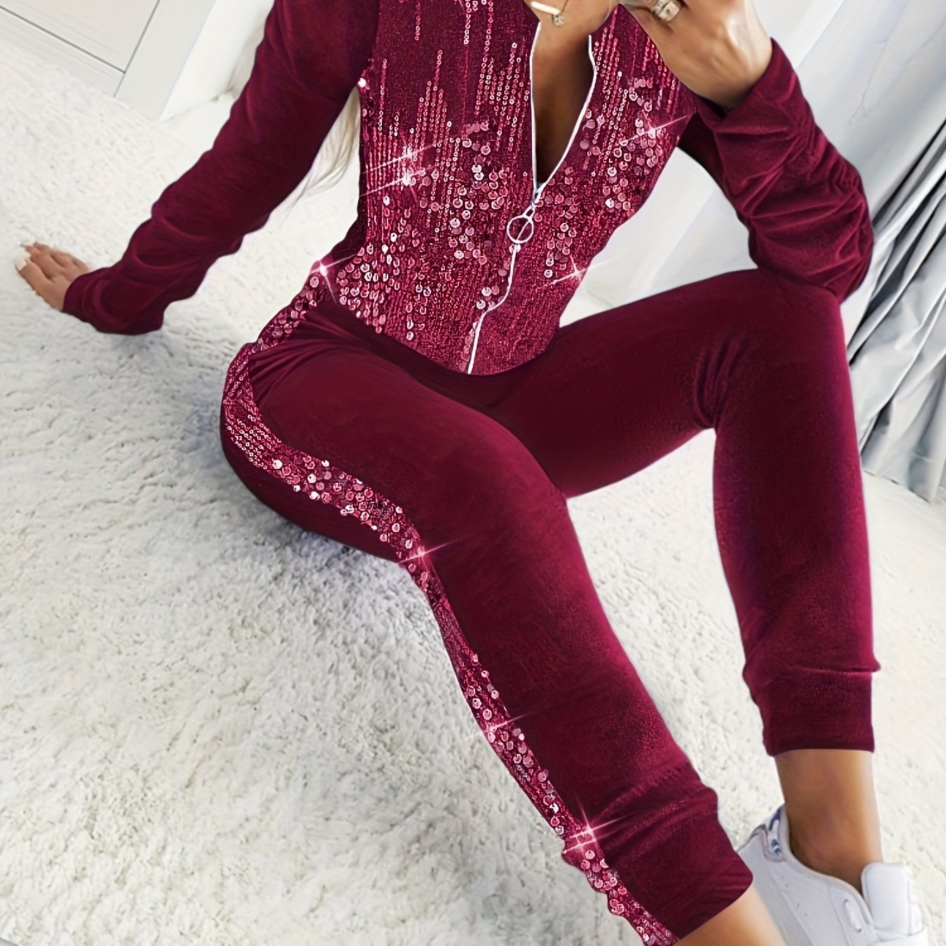 2pcs Velvet Tracksuit Outfits Contrast Sequin Ruched Long Sleeve Zip Up Coat Pants Sets